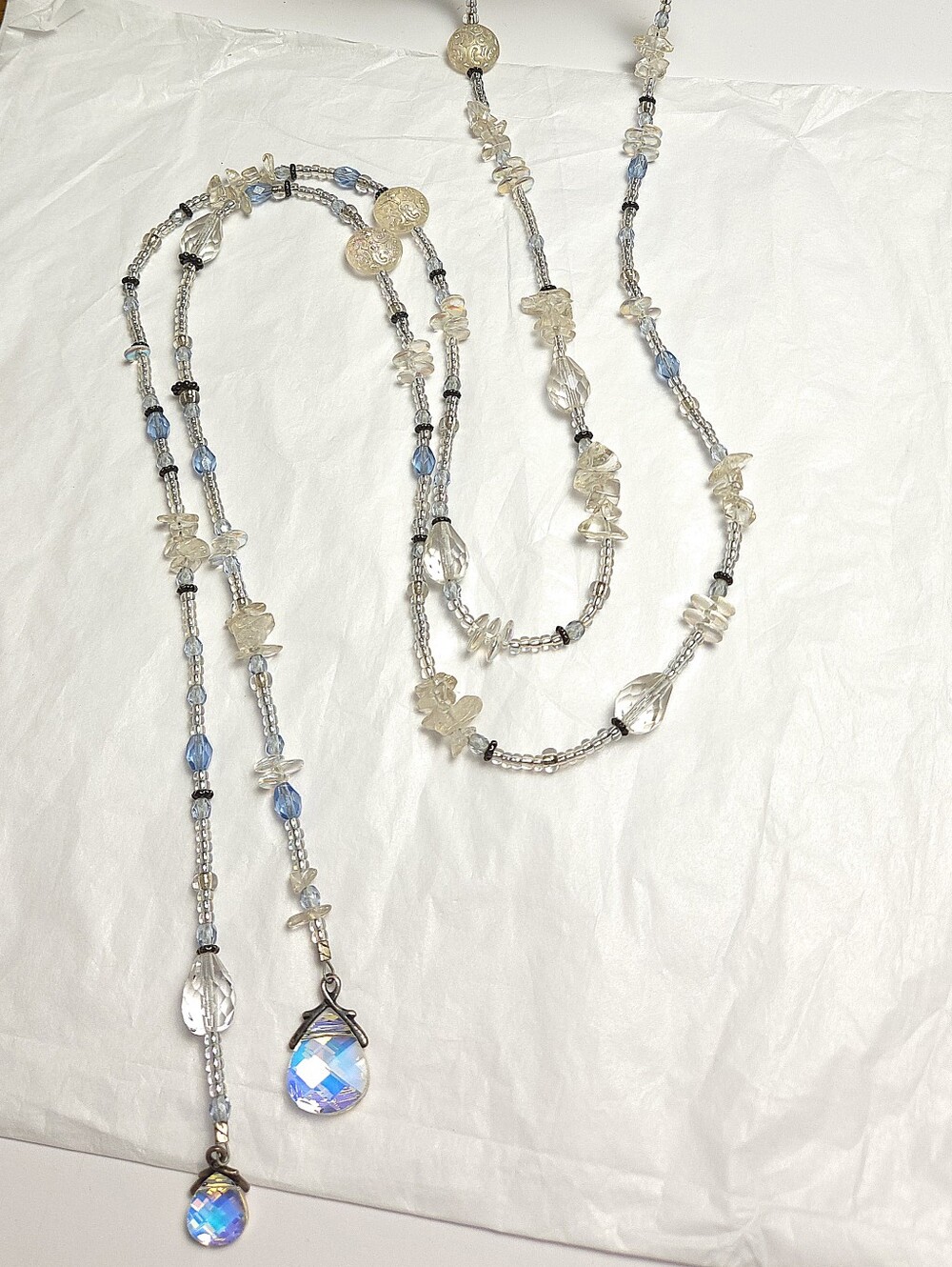 Vintage Iridescent Carnival Glass Crystal Sterling Silver Flapper Necklace 60"
